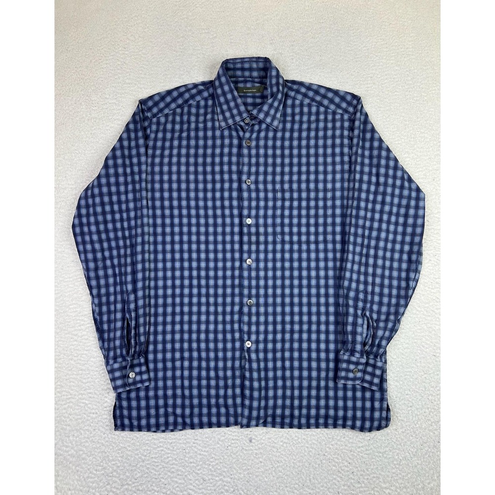 Ermenegildo Zegna Shirt Mens XL Blue Check Plaid Button Front Long Sleeve - Picture 2 of 9